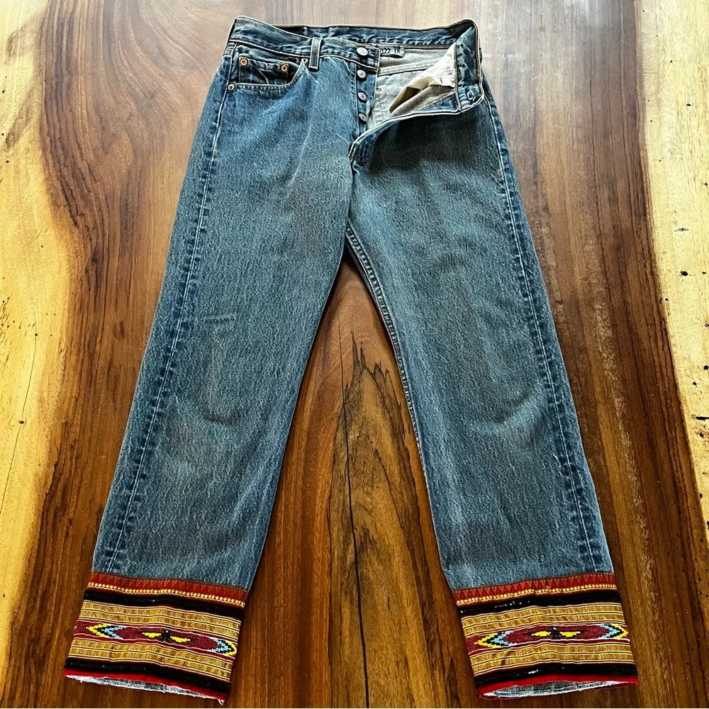 Levi's Blue Denim Jeans with Multicolor Embroidered Cuffs - Picture 5 of 10